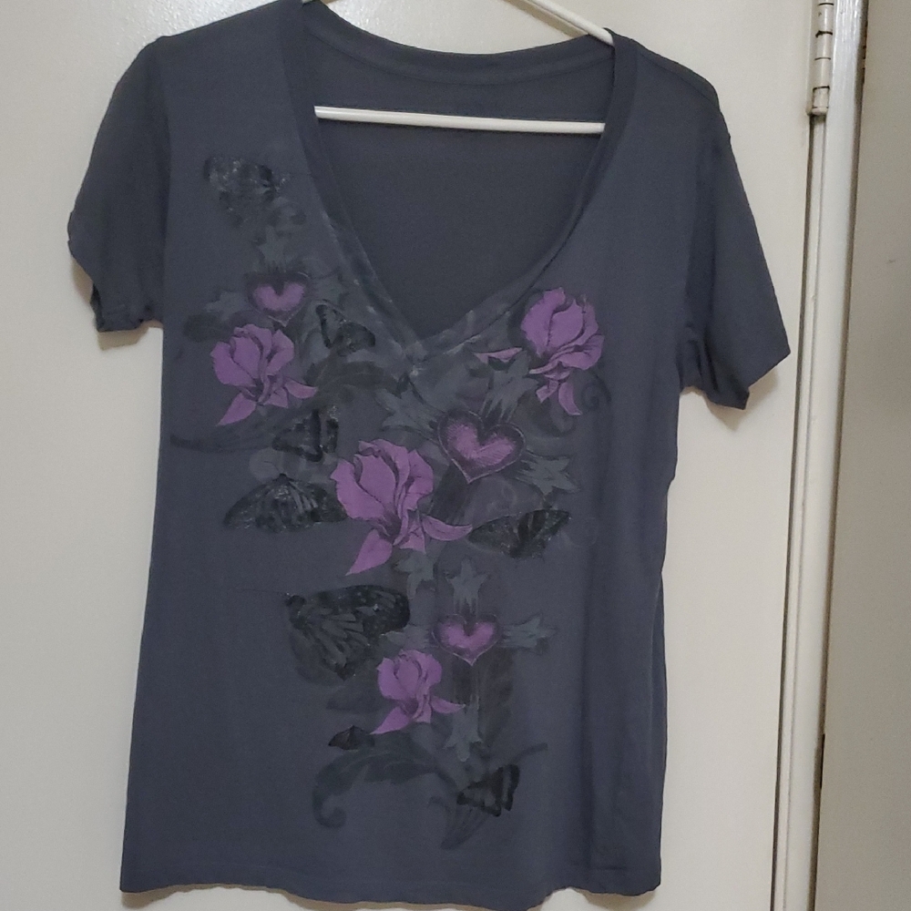 Women's Junior Gray and Purple Floral V-Neck Top